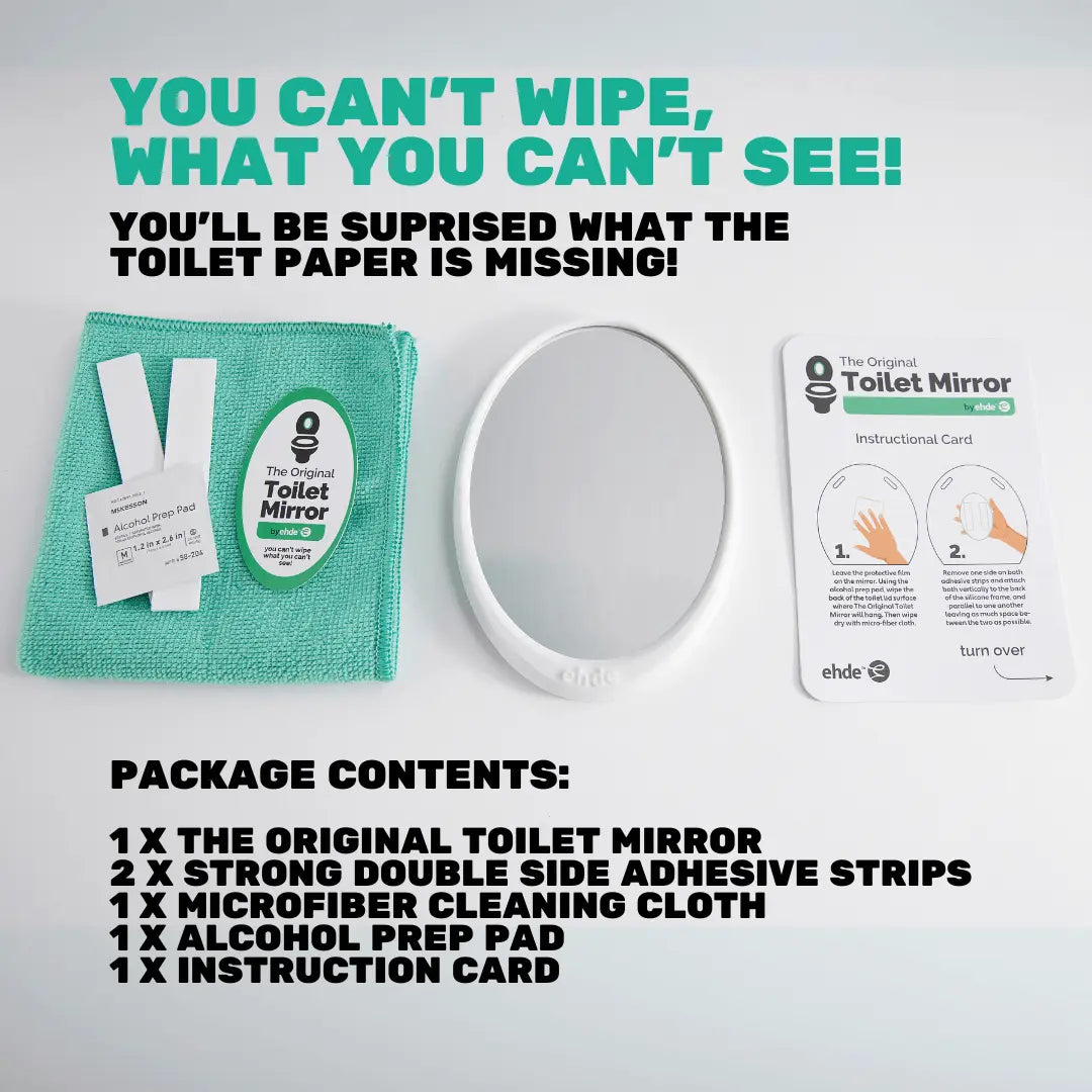 Ehde Toilet Mirror kit - includes safety mirror, silicone frame, adhesive strips, microfiber cloth, and alcohol prep pad.
