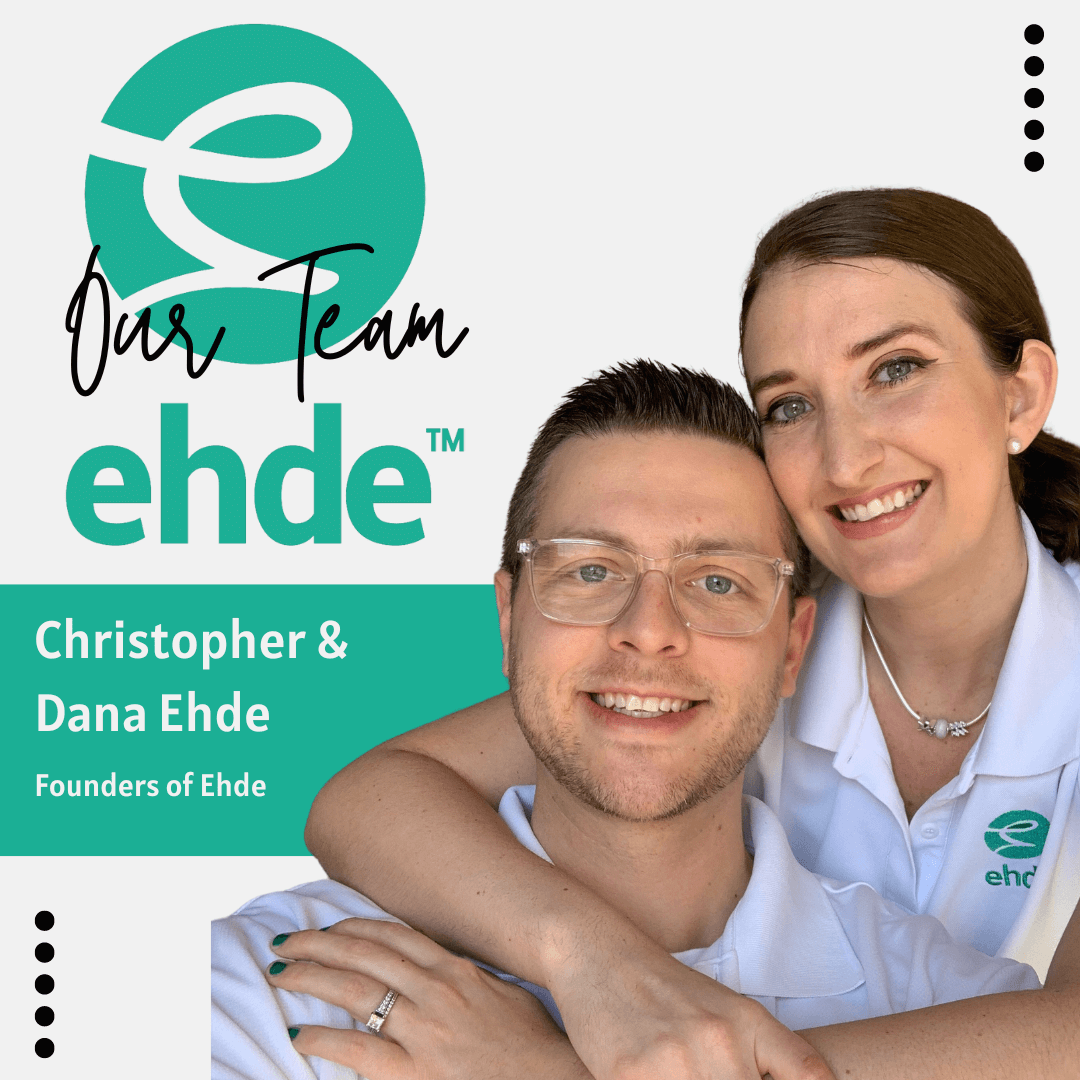 Christopher and Dana Ehde, founders of Ehde, smiling together in branded polo shirts, representing the team behind The Original Toilet Mirror